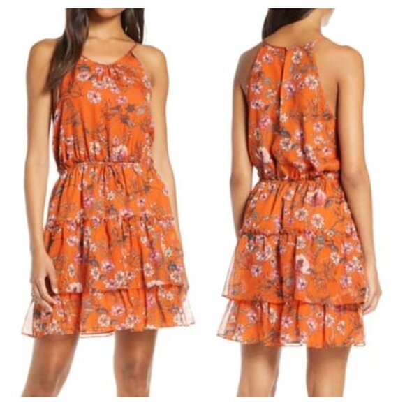 NEW Chelsea 28 XL Tiered Chiffon Fit & Flare Dress in Orange Floral - Picture 1 of 15